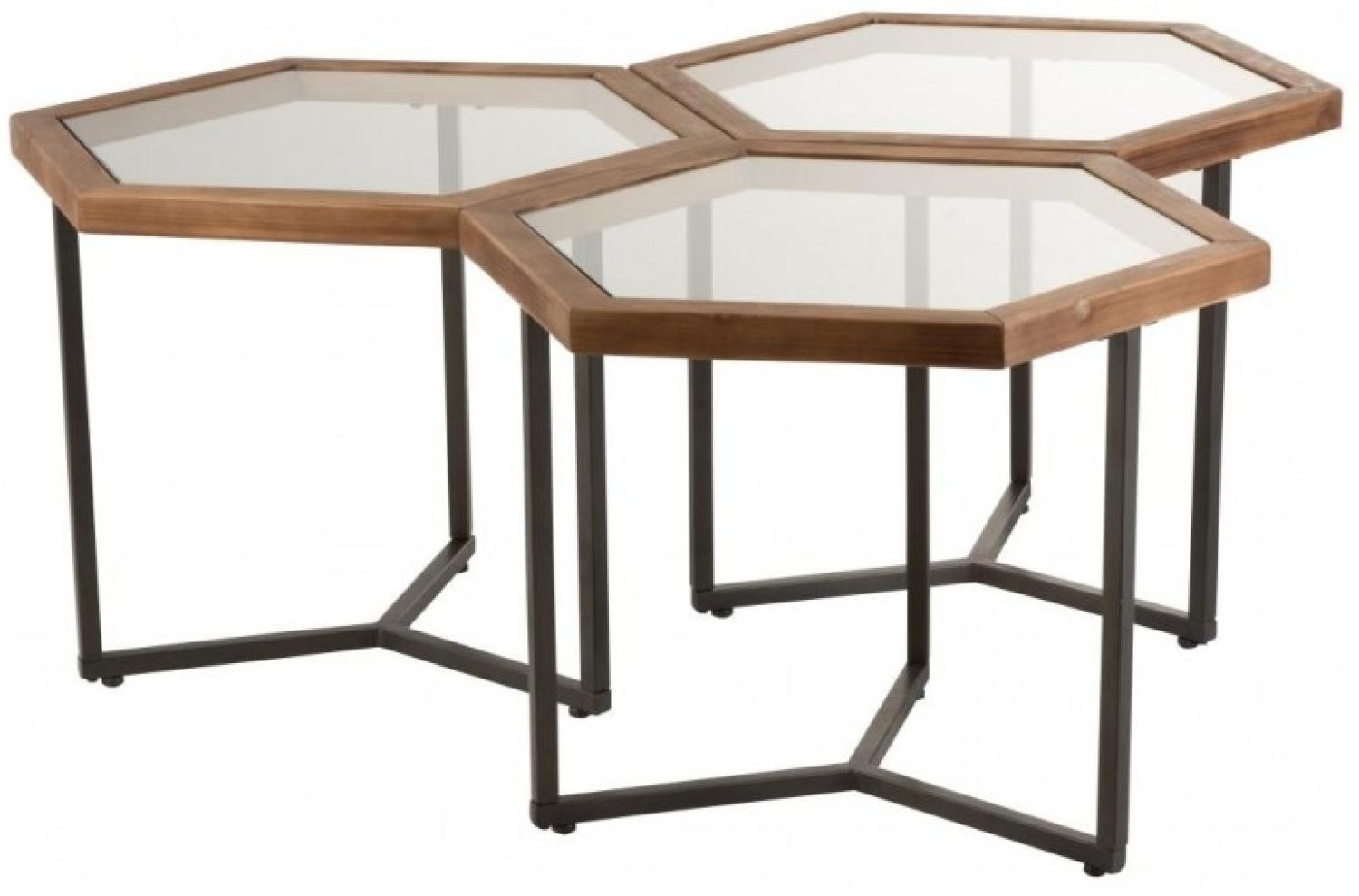 Set Von 3 Beistelltischen Hexagonal Glas,Holz Braun Bild 1