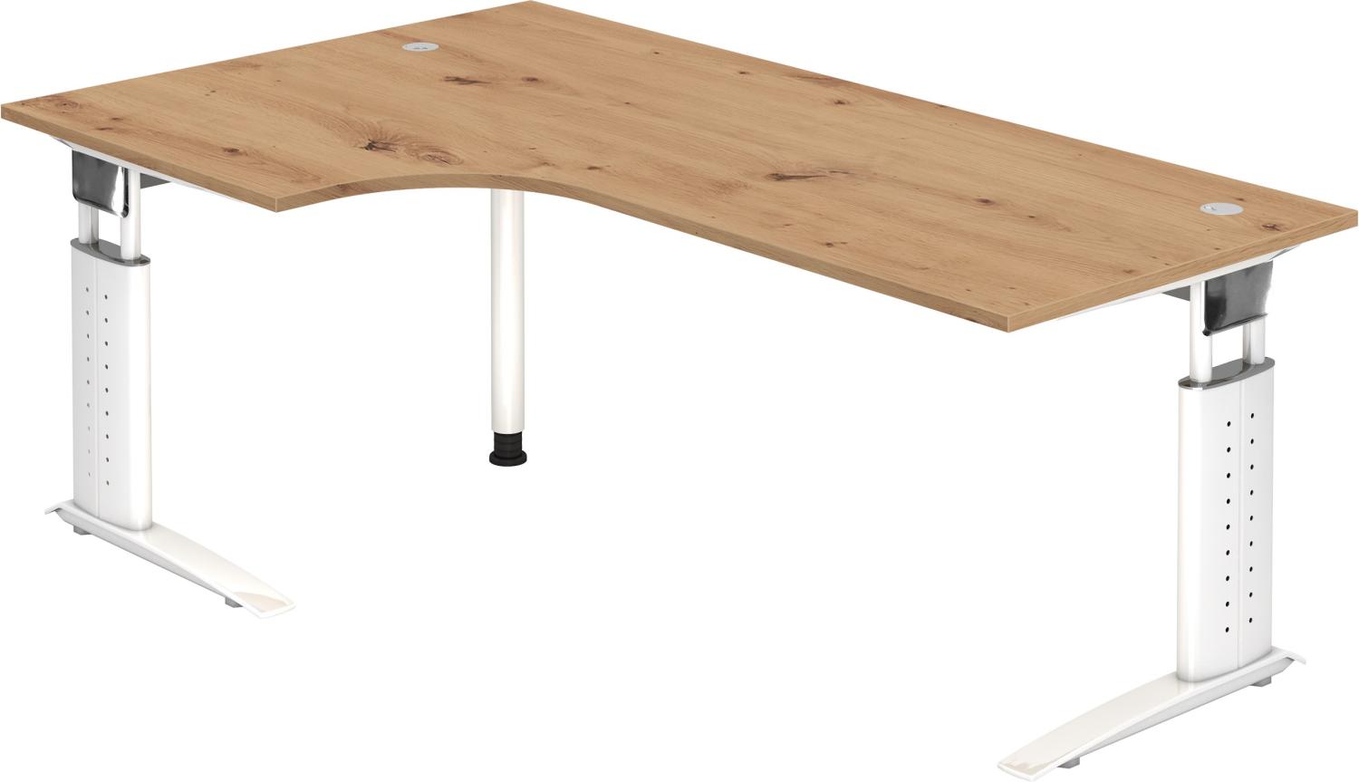 bümö® Eckschreibtisch U-Serie höhenverstellbar, Tischplatte 200 x 120 cm in Asteiche, Gestell in weiß Bild 1