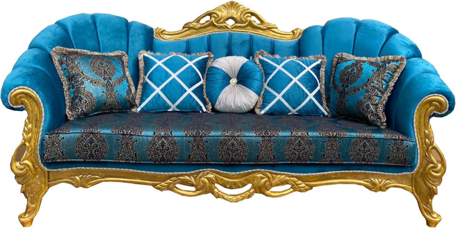 Casa Padrino Luxus Barock Sofa Türkismuster / Gold 220 x 90 x H. 110 cm - Prunkvolles Wohnzimmer Sofa mit Glitzersteinen und dekorativen Kissen Bild 1