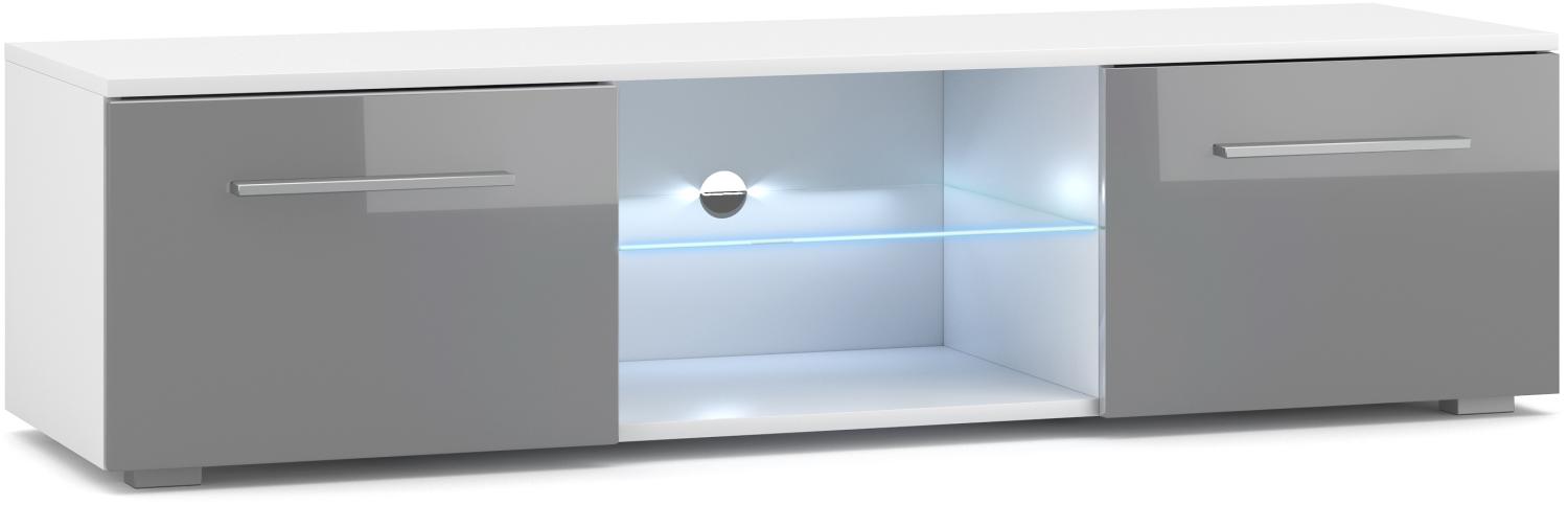 Domando Lowboard Rossano M2 Modern für Wohnzimmer Breite 140cm, LED Beleuchtung in blau, Push-to-open-System, Weiß Matt und Grau Hochglanz Bild 1
