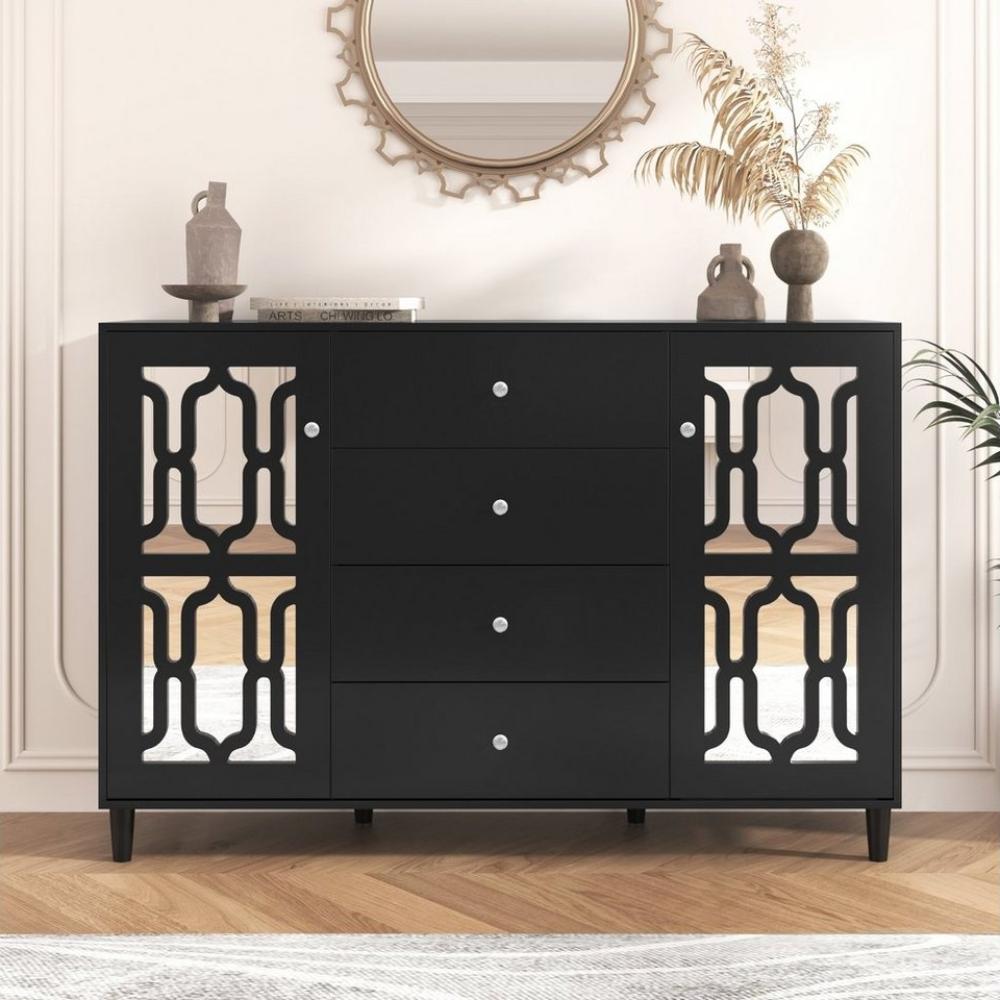 Merax Sideboard mit Spiegelelementen und geometrischem Trellis-Muster, Kommode mit vier Schubladen und Spiegelfront, Anrichte, Breite:147cm Bild 1