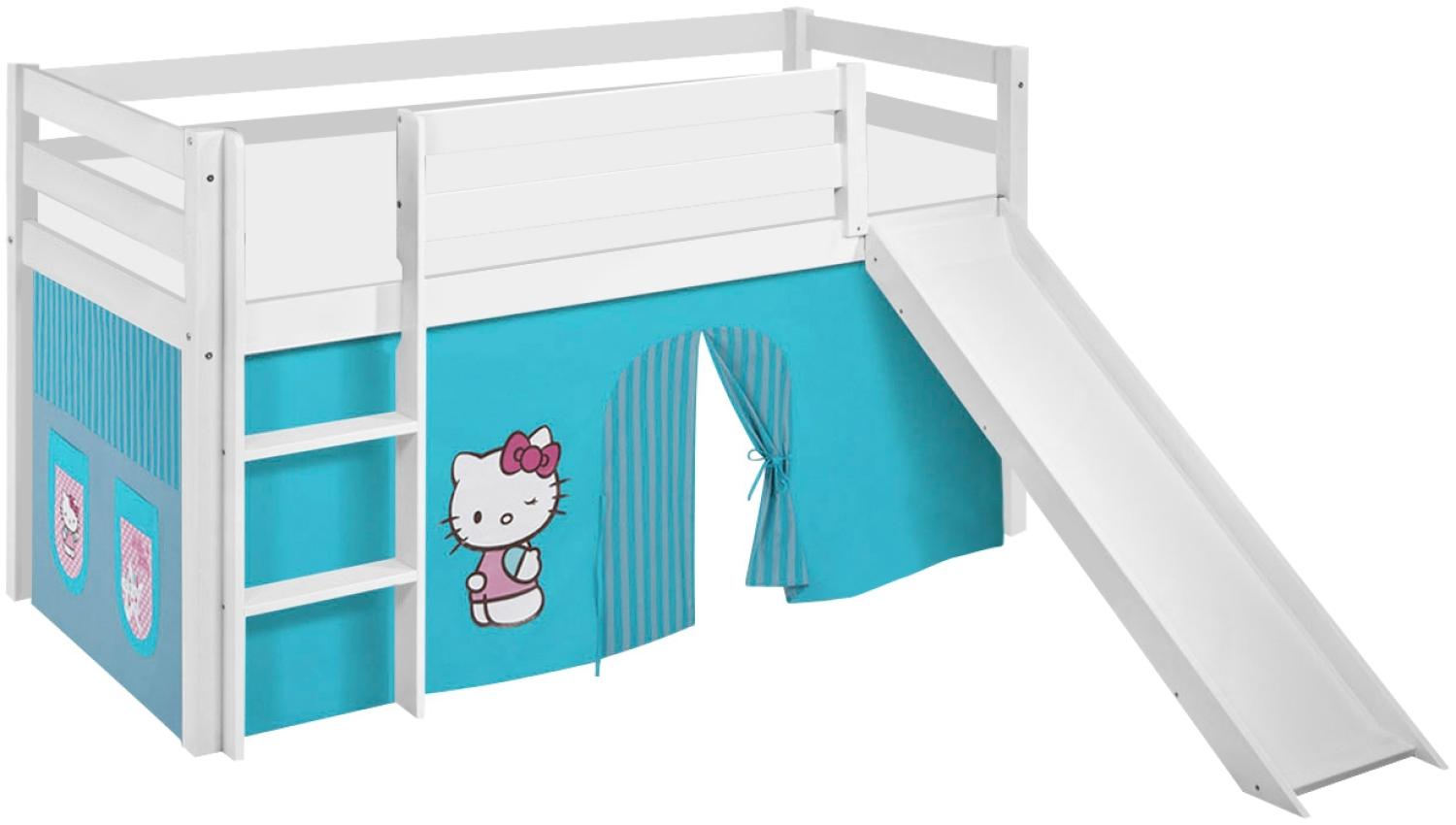 Lilokids 'Jelle' Spielbett 90 x 190 cm, Hello Kitty Türkis, Kiefer massiv, mit Rutsche und Vorhang Bild 1