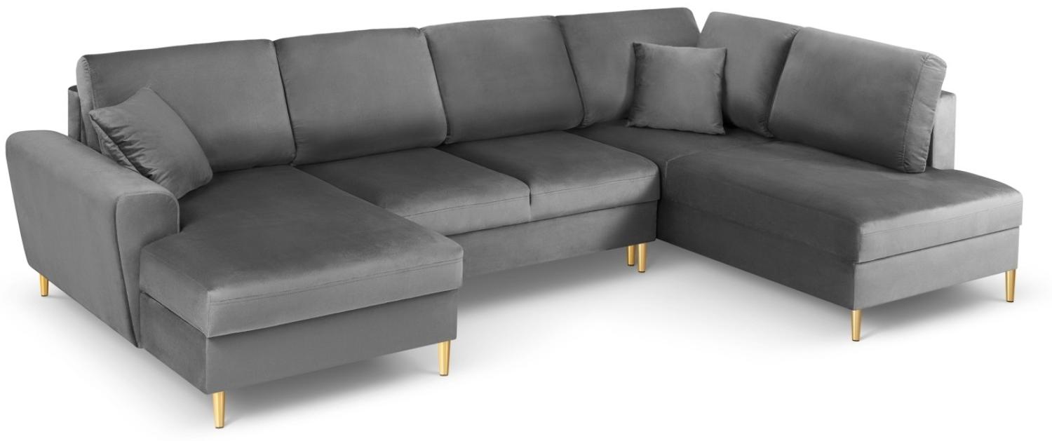 Micadoni 7-Sitzer Samtstoff Panorama Sofa Rechts mit Box und Schlaffunktion Moghan | Bezug Light Grey | Beinfarbe Gold M. Bild 1