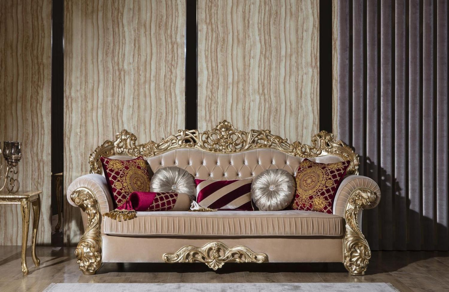Casa Padrino Luxus Barock Sofa Beige / Gold 244 x 95 x H. 123 cm - Prunkvolles Wohnzimmer Sofa mit dekorativen Kissen - Barock Wohnzimmer Möbel Bild 1