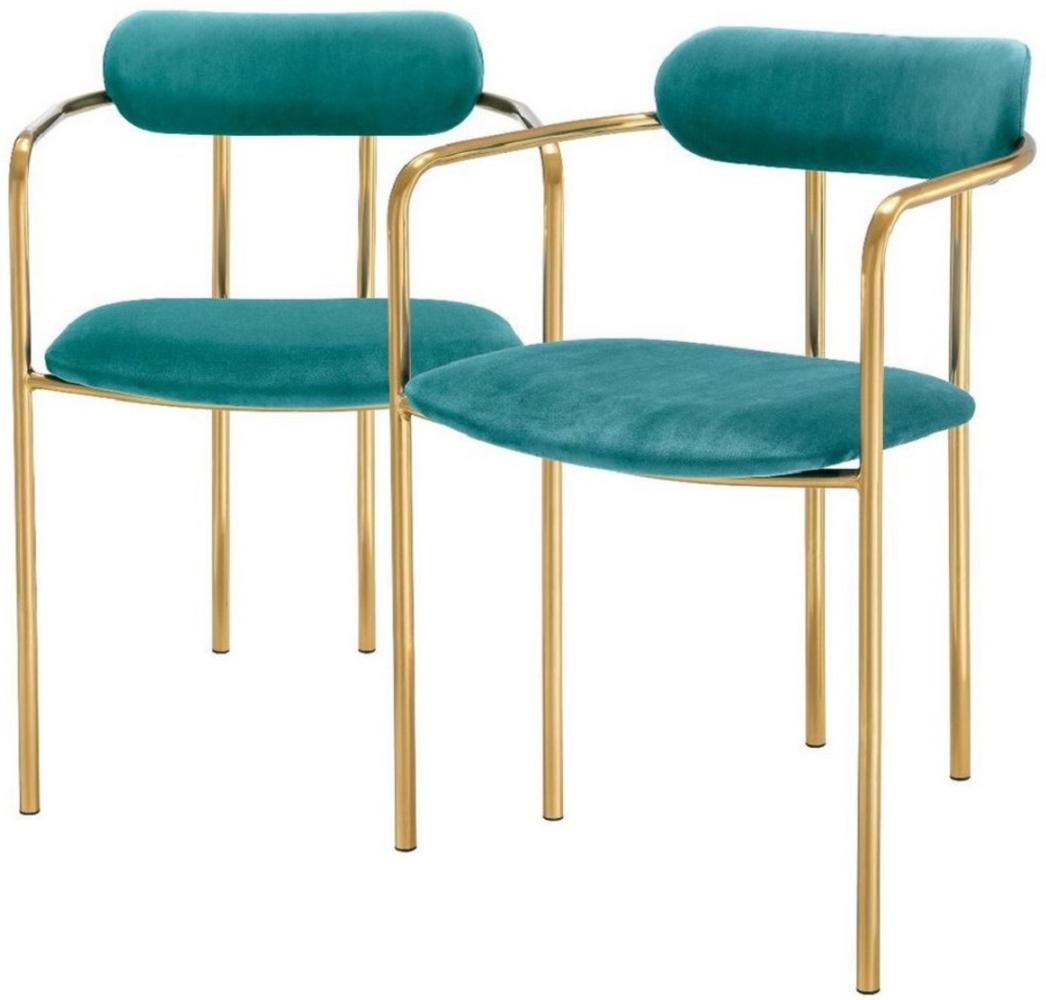 Casa Padrino Luxus Esszimmerstühle mit Armlehnen Türkis / Gold 53 x 50 x H. 74 cm - Küchenstühle mit edlem Samtstoff - Esszimmer Set - Esszimmer Möbel Bild 1