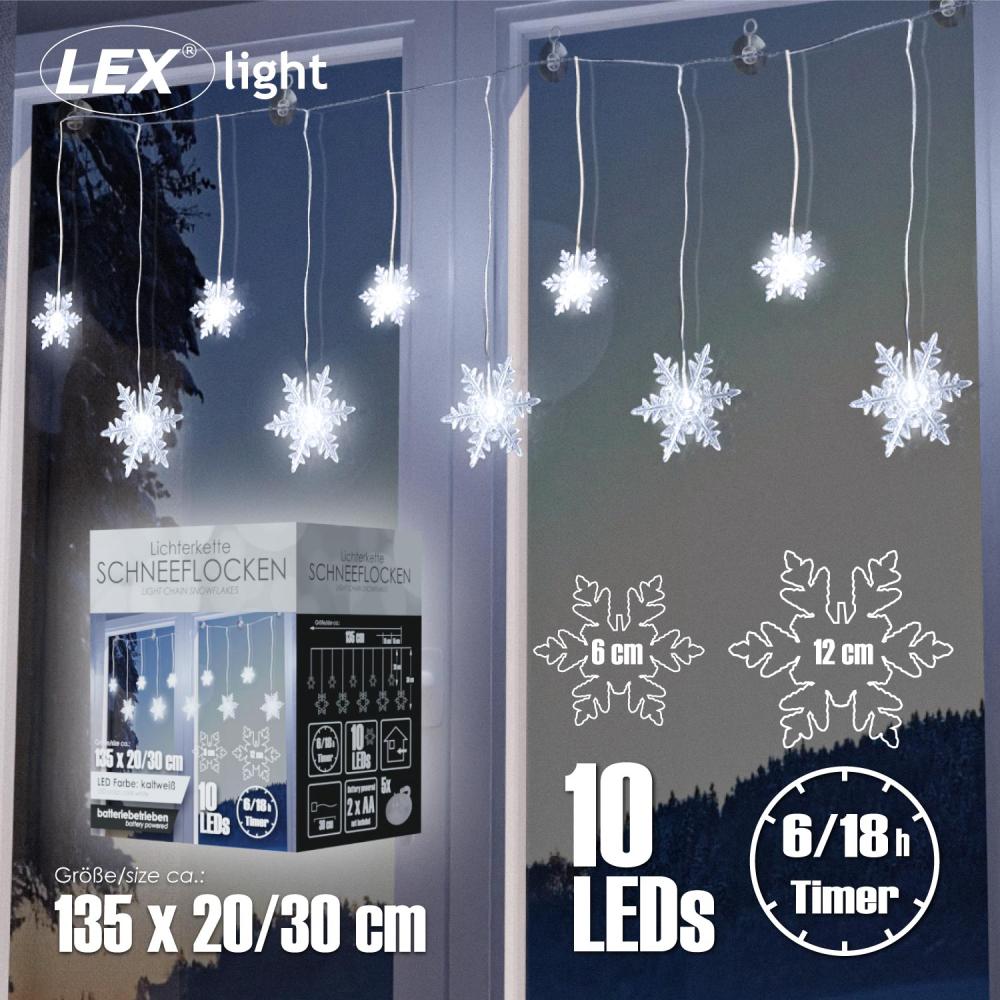 10er LED Lichterkette Schneeflocken Deko batteriebetrieben kaltweiß Saugnäpfe Bild 1