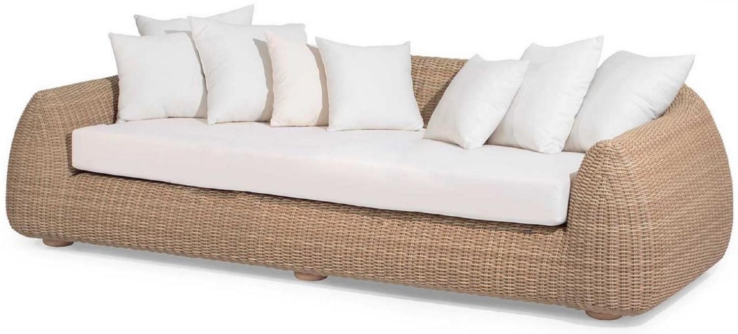 Casa Padrino Luxus Gartensofa Naturfarben / Weiß 256 x 124 x H. 72 cm - Handgewebtes wetterbeständiges Sofa mit Kissen - Moderne Garten Möbel - Hotel Möbel Bild 1