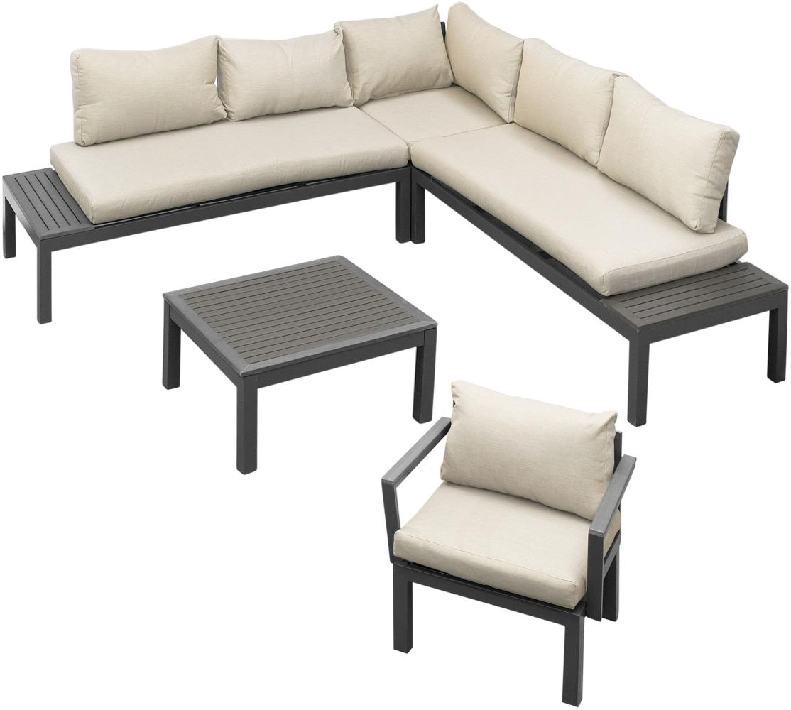 GARTENFREUDE Lounge Ambience + Ecksitz + Sessel, flexibel einsetzbar dunkelgrau / beige / WPC dunkel Bild 1