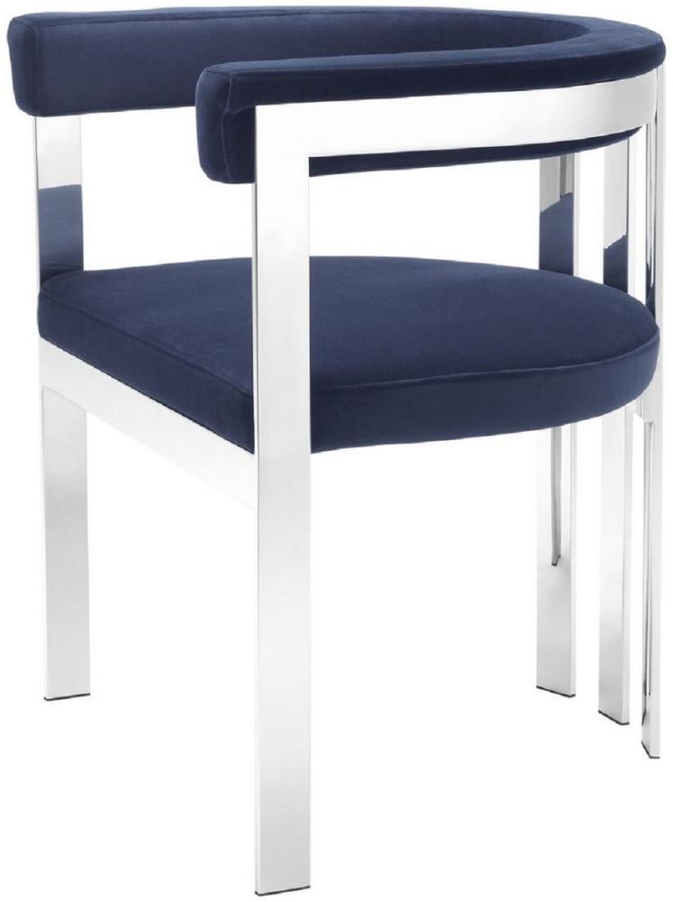 Casa Padrino Luxus Esszimmerstuhl mit Armlehnen Mitternachtsblau / Silber 61 x 56 x H. 73 cm - Edelstahl Küchenstuhl mit edlem Samtstoff - Luxus Küchenmöbel Bild 1