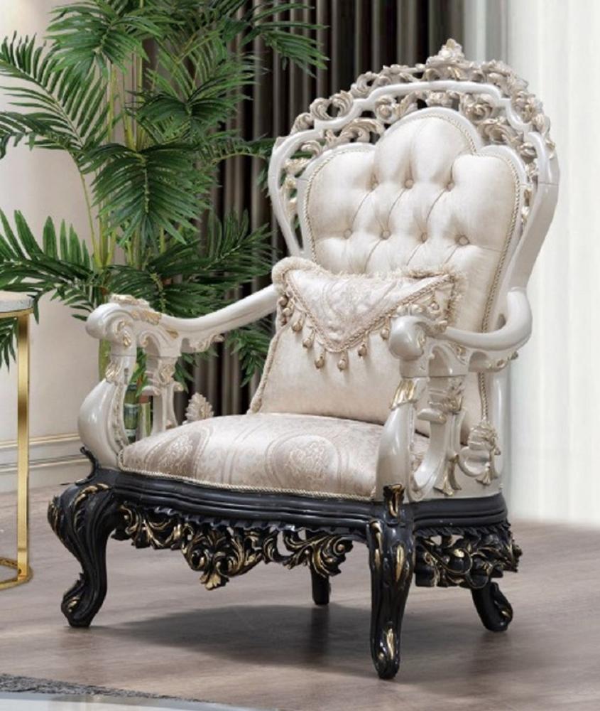 Casa Padrino Luxus Barock Sessel Creme / Beige / Weiß / Grau / Gold - Prunkvoller Wohnzimmer Sessel mit elegantem Muster - Barock Wohnzimmer & Hotel Möbel - Edel & Prunkvoll Bild 1