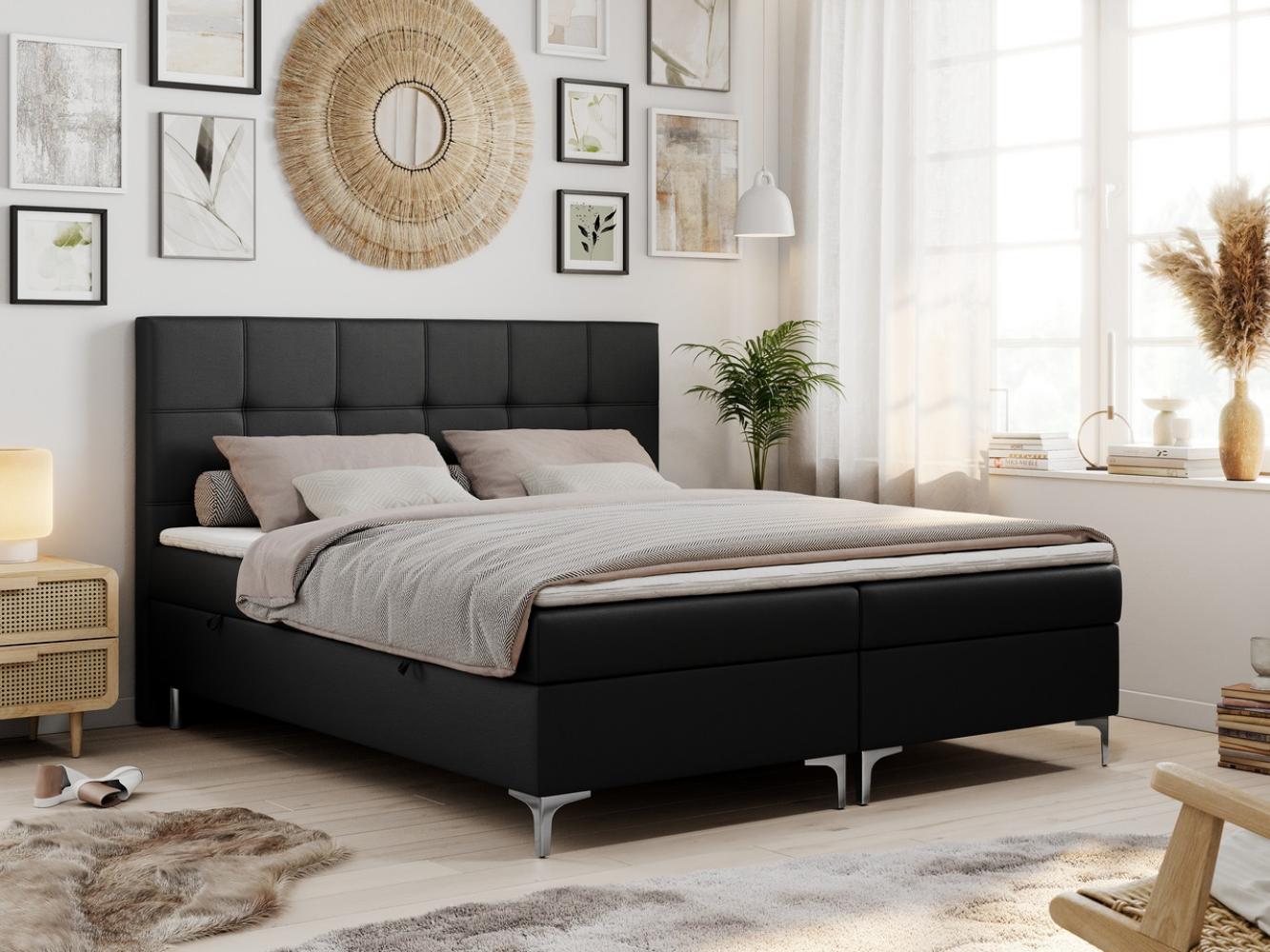 Boxspringbett - Doppelbett mit Multipocket-Matratze - SIMON - 160x200cm - Schwarz Kunstleder - H4 - Topper T25 Bild 1