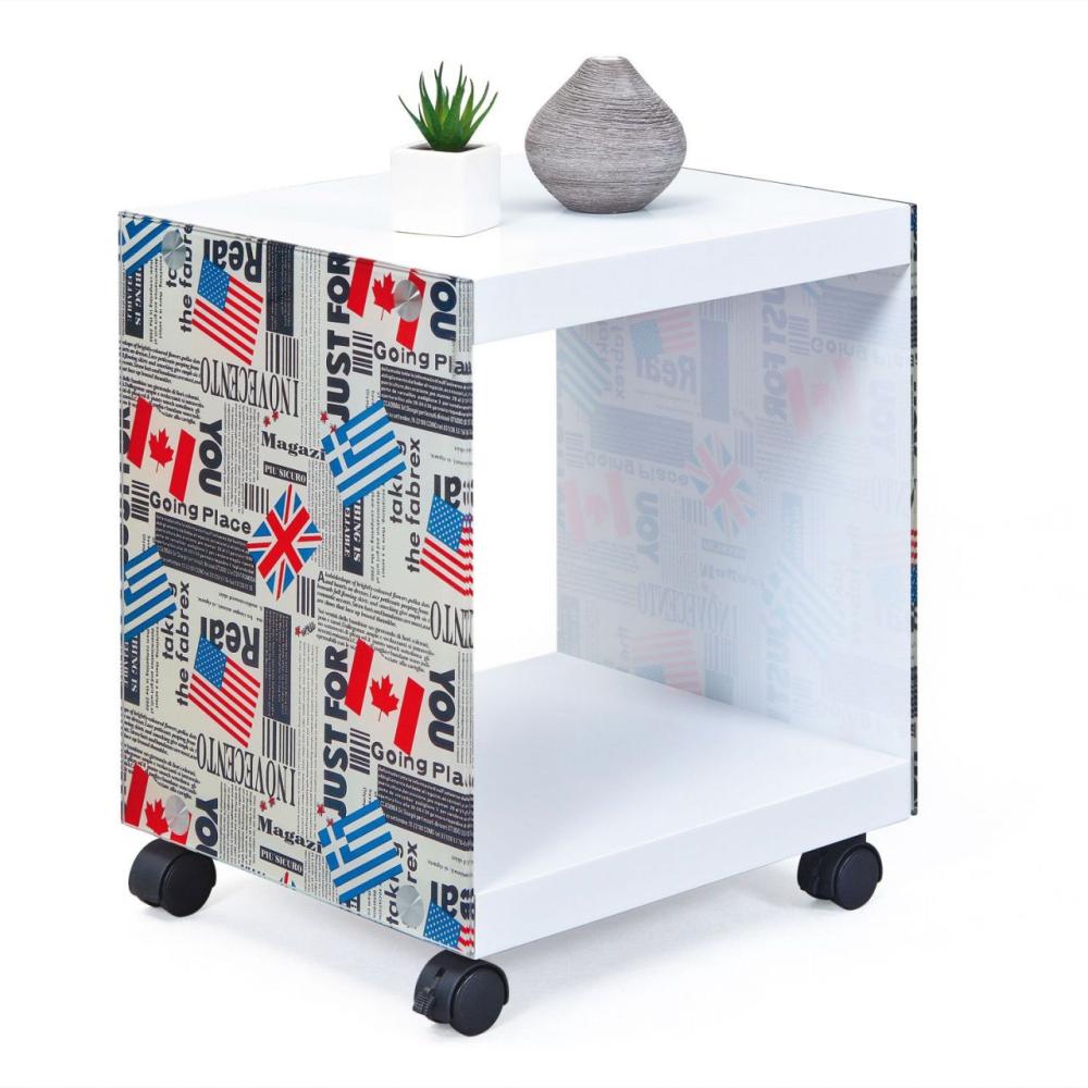 Beistelltisch 'Cube' 4 Rollen arretierbar Rollwagen weiß Glas-Motiv Fahnen L-Flags Bild 1