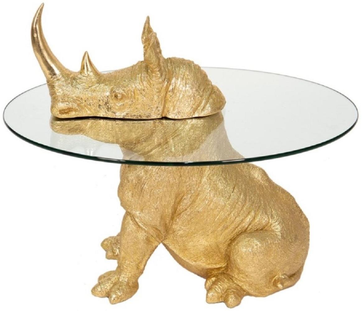 Casa Padrino Luxus Beistelltisch Nashorn Gold Ø 65 x H. 55 cm - Runder Kunstharz Tisch mit Glasplatte - Wohnzimmer Möbel - Luxus Möbel - Luxus Einrichtung - Wohnzimmer Einrichtung Bild 1