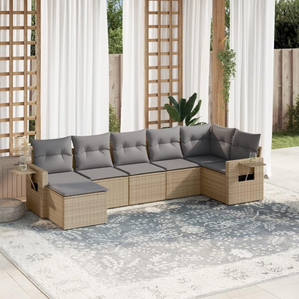 vidaXL 7-tlg. Garten-Sofagarnitur mit Kissen Beige Poly Rattan Bild 1