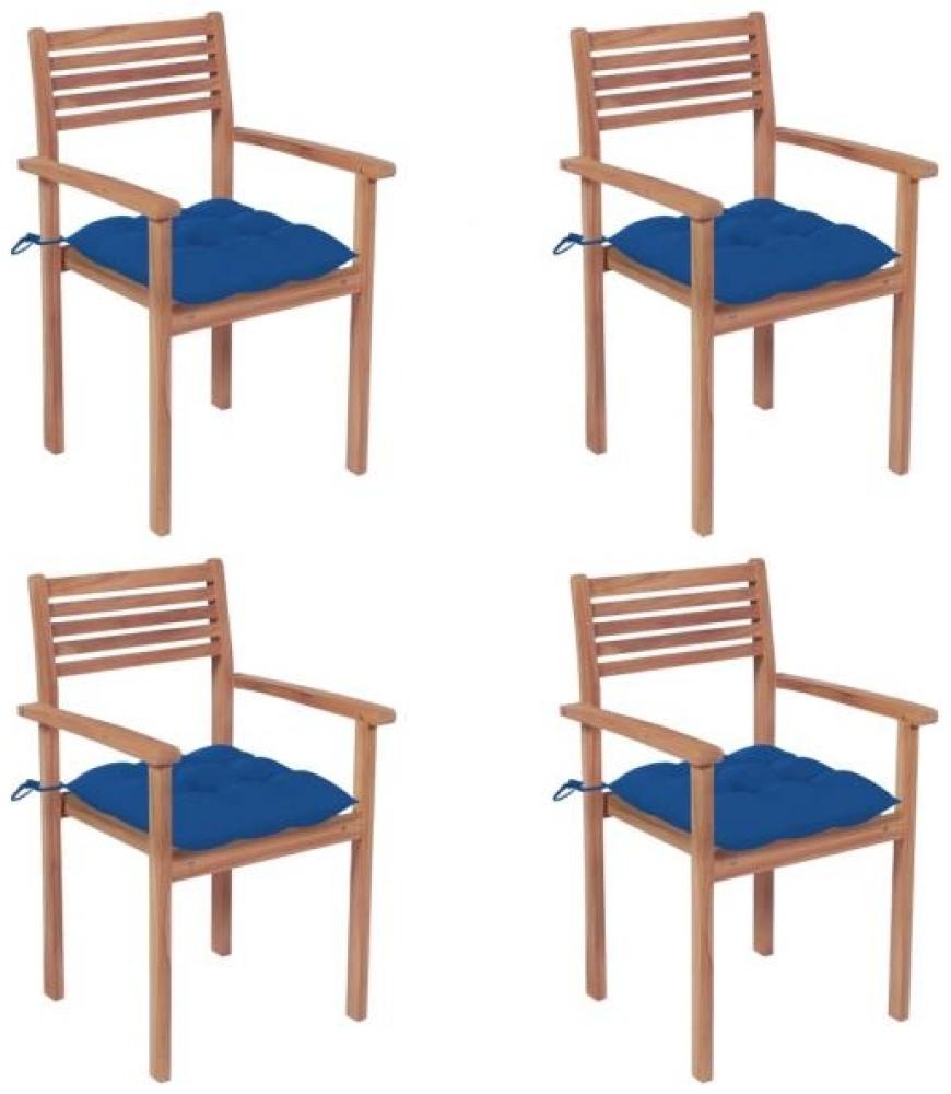 Gartenstühle 4 Stk. mit Blauen Kissen Massivholz Teak Bild 1