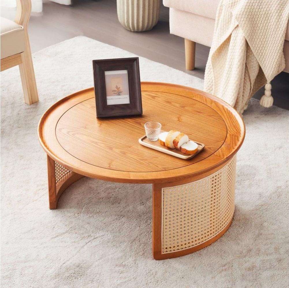 Merax Couchtisch, aus Massivholz und Rattan, Beistelltisch, Wohnzimmertisch, Φ70cm Bild 1