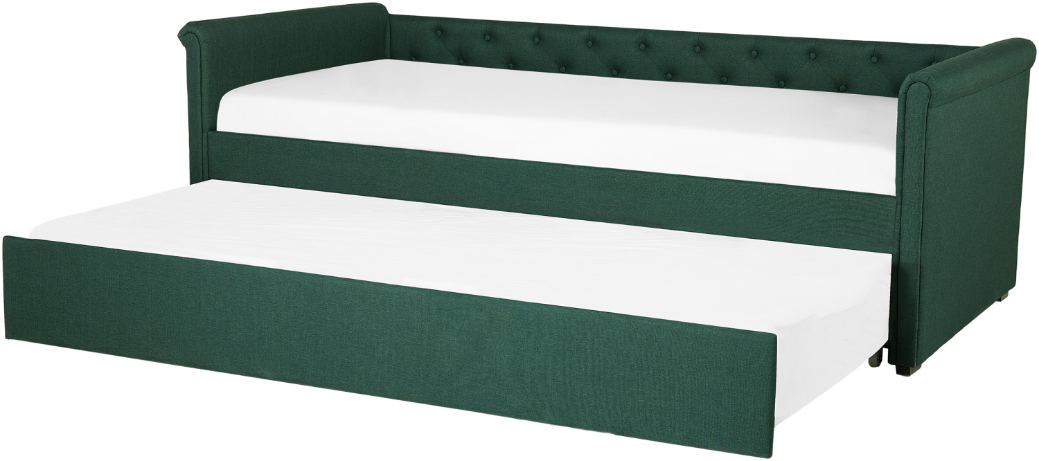 Tagesbett ausziehbar Polsterbezug dunkelgrün Leinenoptik Lattenrost 90 x 200 cm LIBOURNE Bild 1