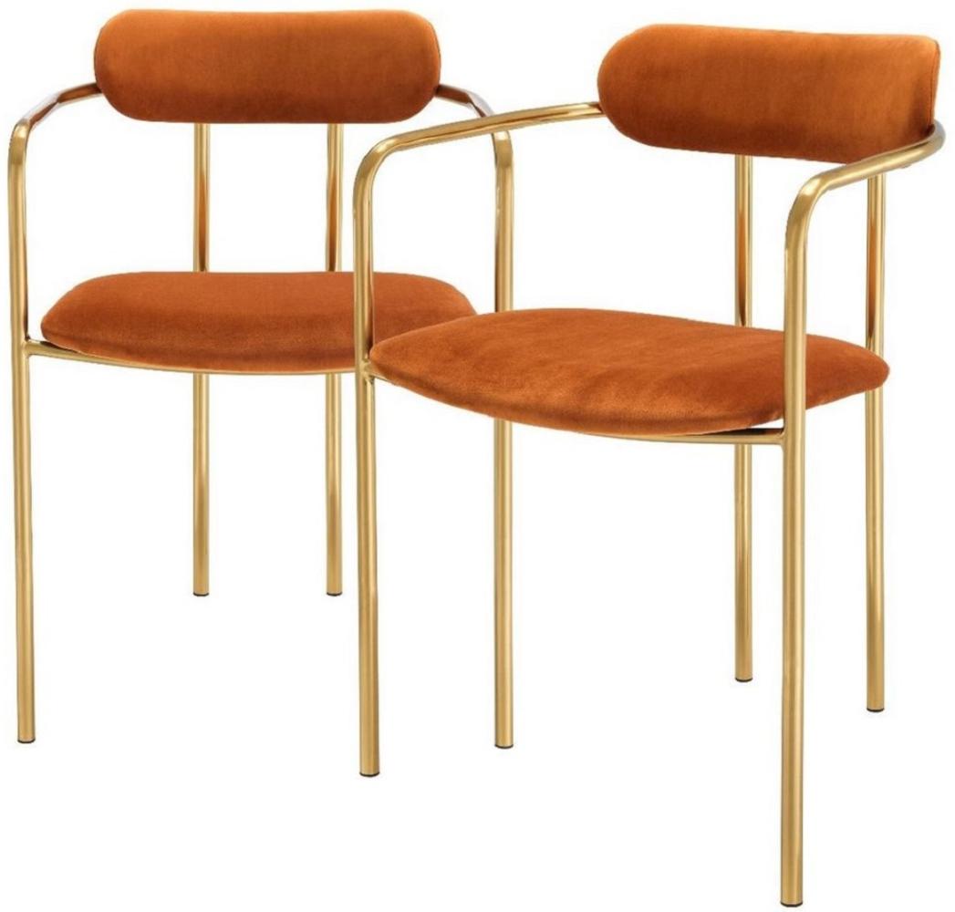 Casa Padrino Luxus Esszimmerstühle mit Armlehnen Orange / Gold 53 x 50 x H. 74 cm - Küchenstühle mit edlem Samtstoff - Esszimmer Set - Esszimmer Möbel Bild 1