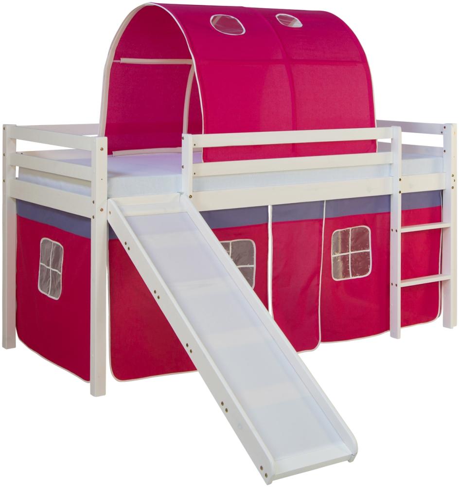 Homestyle4u Spielbett mit Tunnel und Rutsche, Pink, Kiefernholz pink / weiß, 90 x 200 cm Bild 1