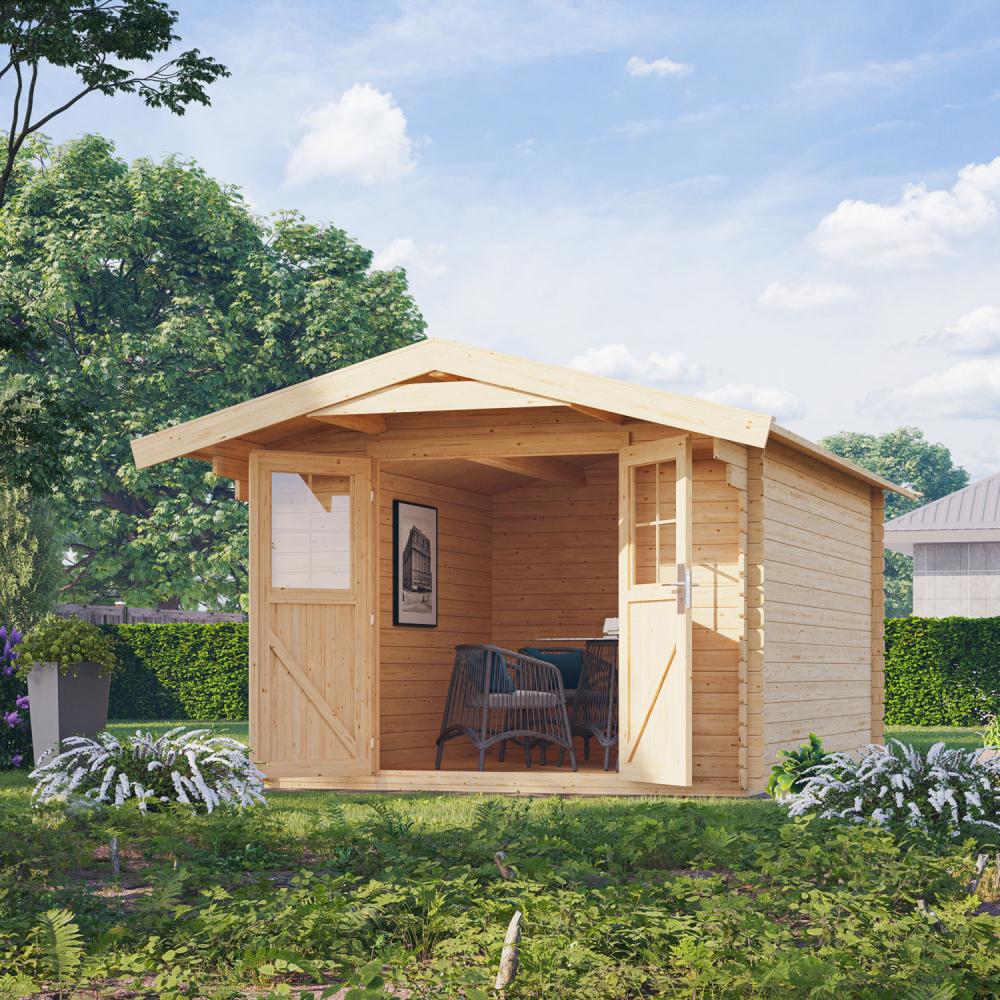 Gartenblockhaus Rentrup 8 - 280x370 cm mit Vordach, 28 mm Holz naturbelassen Bild 1