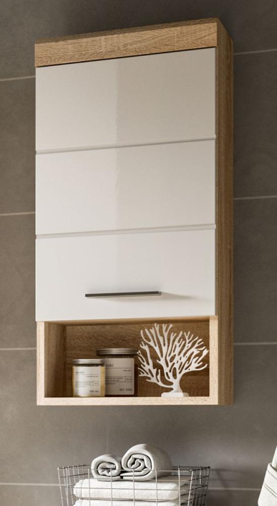 Badezimmer Hängeschrank Lambada in weiß Hochglanz und Eiche 37 x 79 cm Bild 1