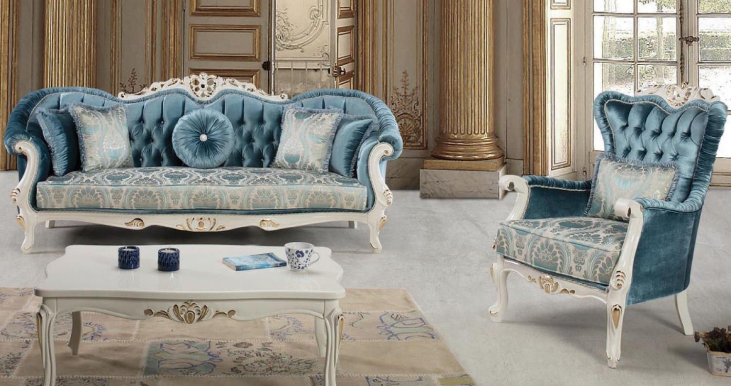 Casa Padrino Luxus Barock Wohnzimmer Set Blau / Weiß / Gold - 2 Sofas & 2 Sessel & 1 Couchtisch - Prunkvolle Wohnzimmer Möbel im Barockstil Bild 1