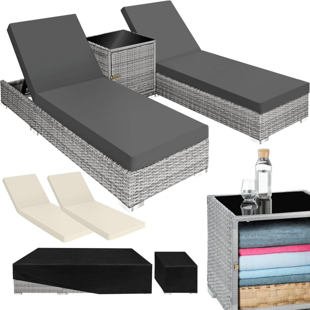 tectake 2er Lounge Sonnenliegen Set Plus Tisch – inkl. 2 Bezugsets und Schutzhülle, Outdoor Poly Rattan Gartenmöbel Set, 2X Gartenliege wetterfest - hellgrau Bild 1