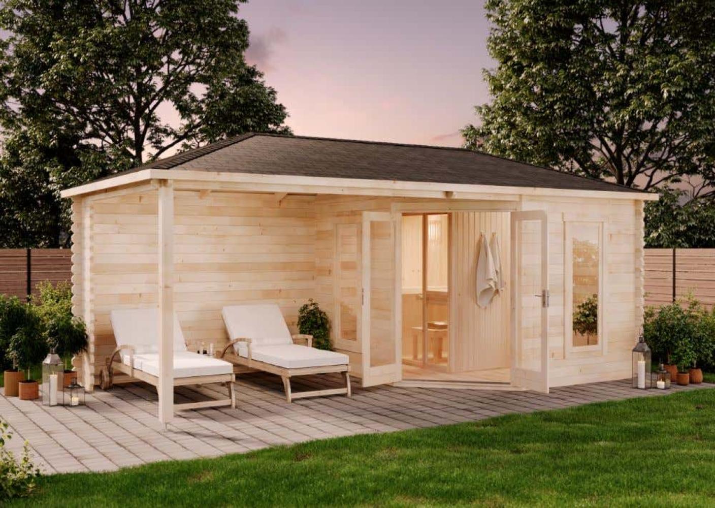 FinnTherm 5-Eck Saunahaus Liwa Gartensauna 3 Sitzbänke aus Holz Sauna mit 28 mm Wandstärke Außensauna mit Montagematerial Bild 1