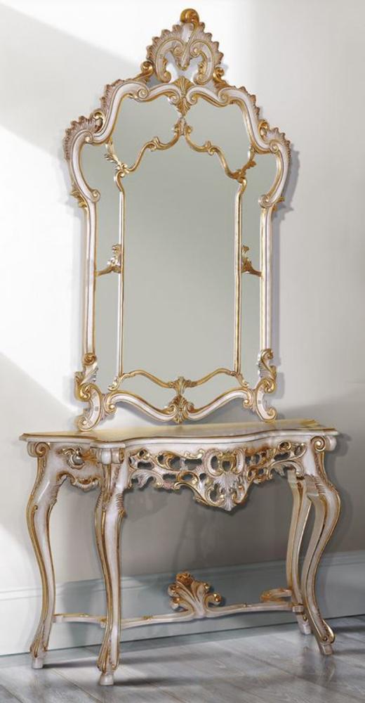 Casa Padrino Luxus Barock Spiegelkonsole Weiß / Antik Gold 125 x 41 x H. 232 cm - Prunkvoller Konsolentisch mit Wandspiegel - Barock Möbel Bild 1