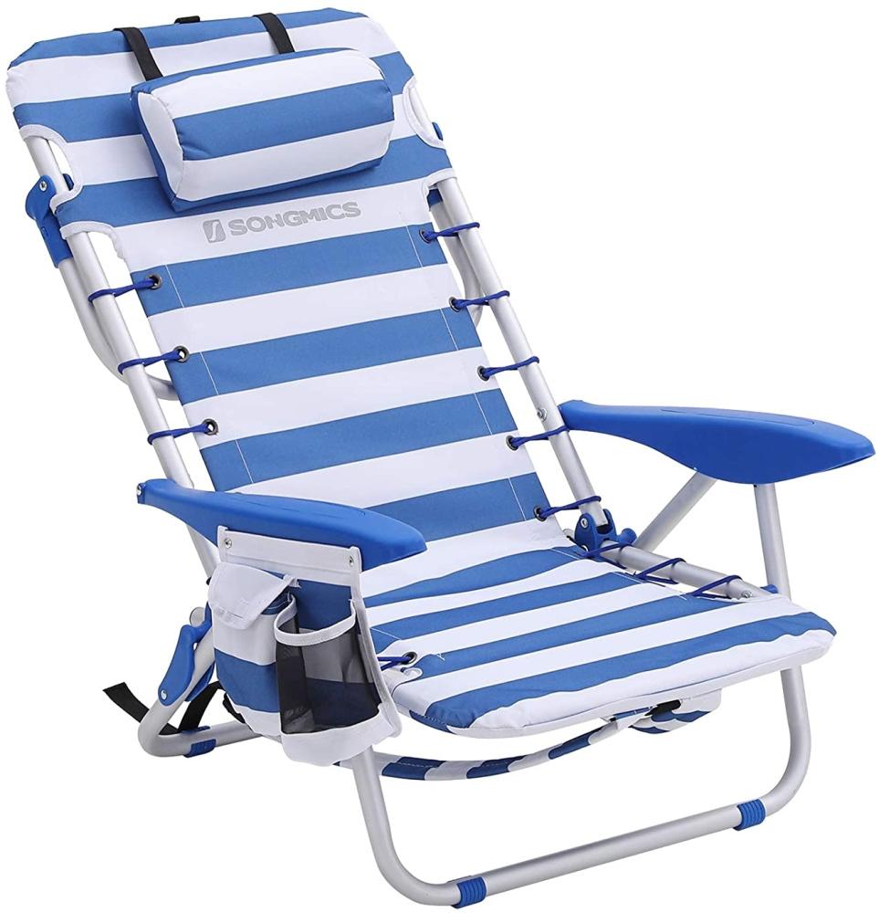Strandstuhl mit Abnehmbarer Kopfstütze, tragbarer Klappstuhl, Campingstuhl, Rückenlehne bis zu 180° verstellbar, mit Getränkehalter und Seitentasche, Blau-weiß gestreift, GCB62BU Bild 1
