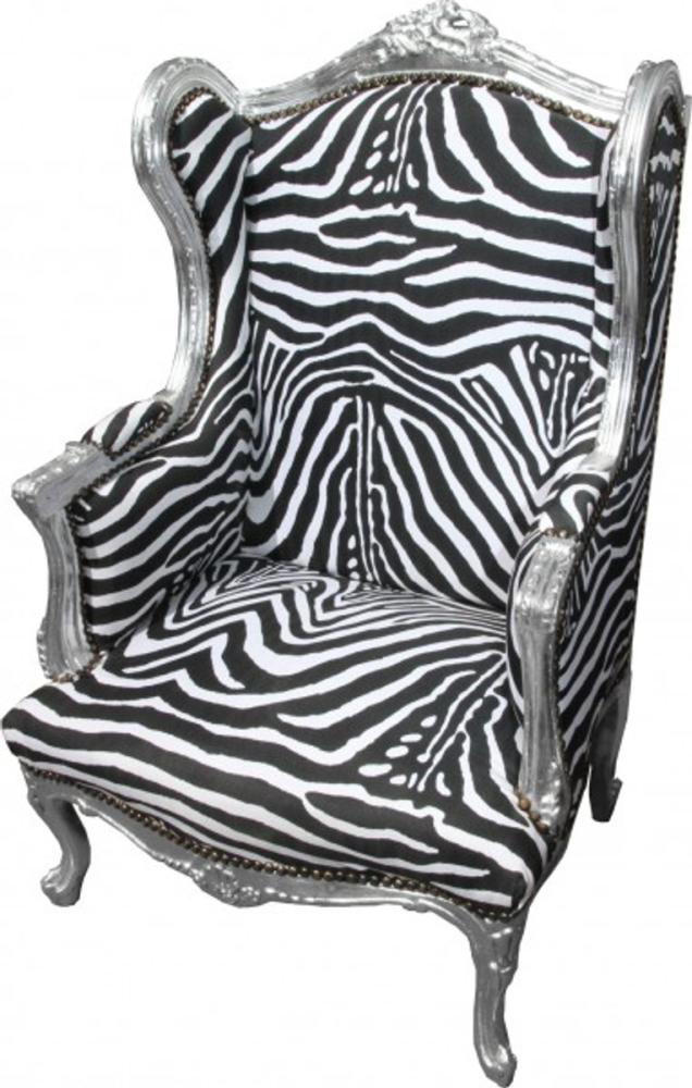 Casa Padrino Barock Lounge Thron Sessel Zebra / Silber - Ohren Sessel - Ohrensessel Tron Stuhl Bild 1