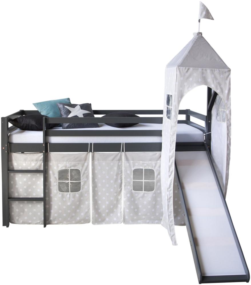 Homestyle4u Spielbett mit Turm und Rutsche, Grau, Kiefernholz grau / grau, 90 x 200 cm Bild 1