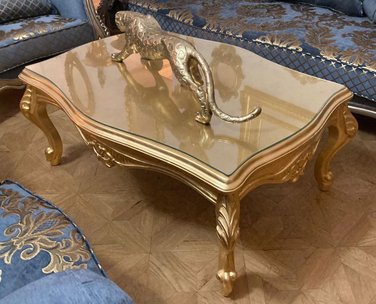Casa Padrino Luxus Barock Couchtisch mit Glasplatte Gold - Rechteckiger Massivholz Wohnzimmertisch im Barockstil - Barock Möbel - Luxus Möbel im Barockstil - Barock Einrichtung - Edel & Prunkvoll Bild 1