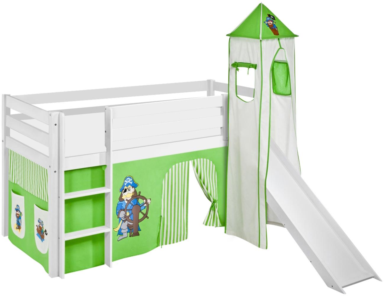Lilokids 'Jelle' Spielbett 90 x 190 cm, Pirat Grün Beige, Kiefer massiv, mit Turm, Rutsche und Vorhang Bild 1