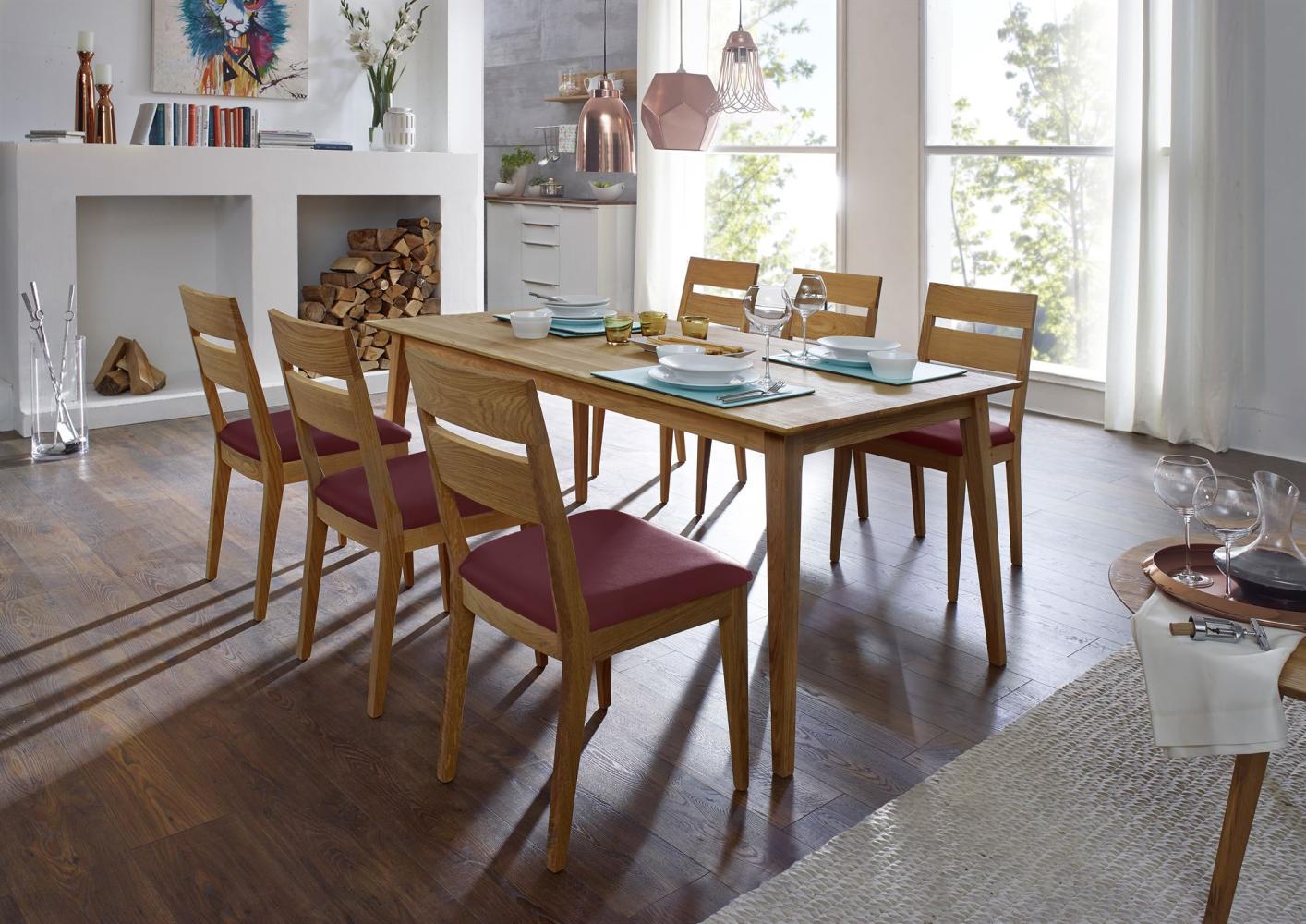Tischgruppe Massivholz Dakota Esstisch mit 6 Stühlen massiv Holz Wildeiche/Weinrot 12011 Bild 1