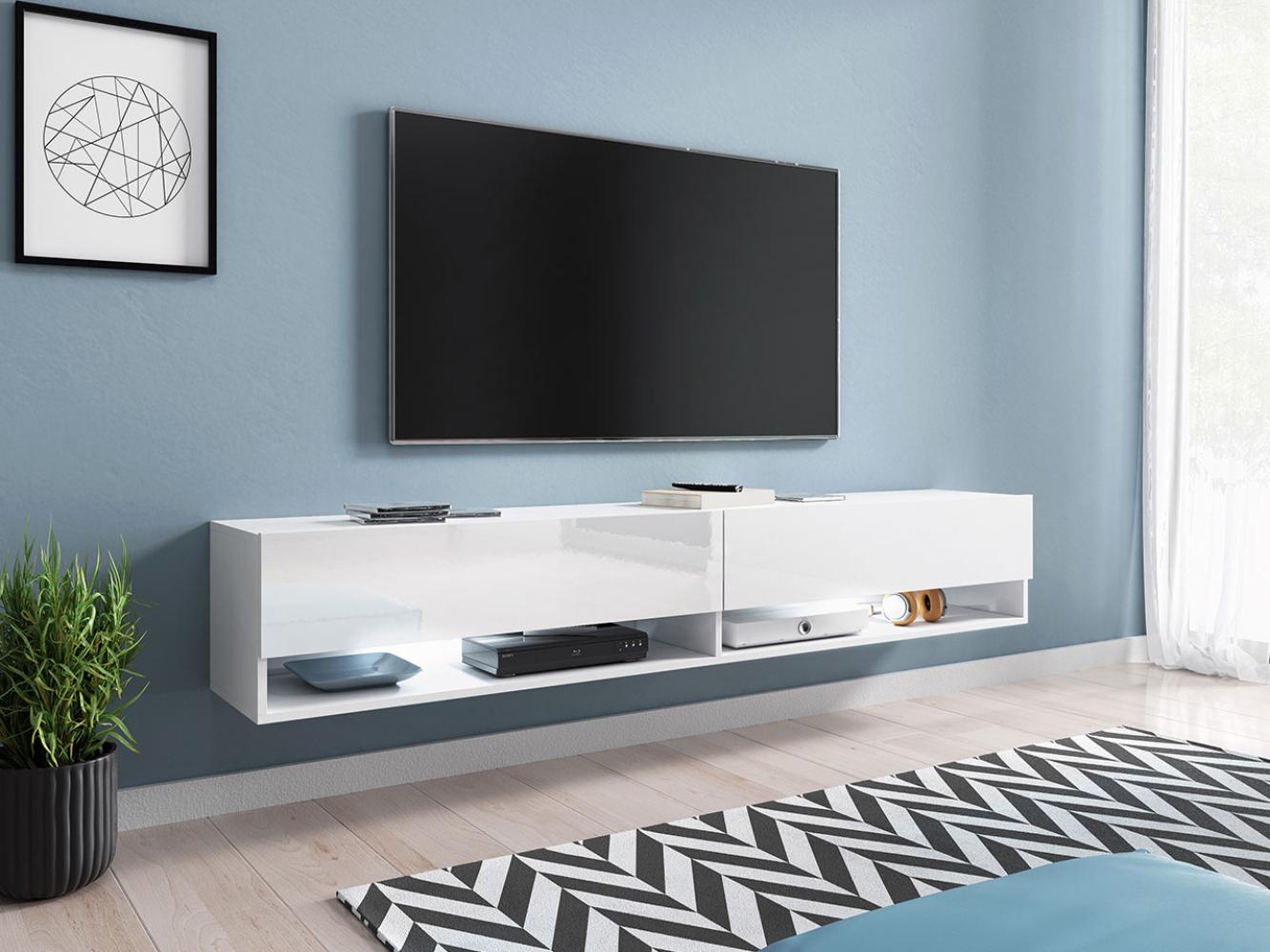 TV-Lowboard Jumbo 180, mit RGB LED Beleuchtung farbig, Farbe: Weiß / Weiß Hochglanz Bild 1