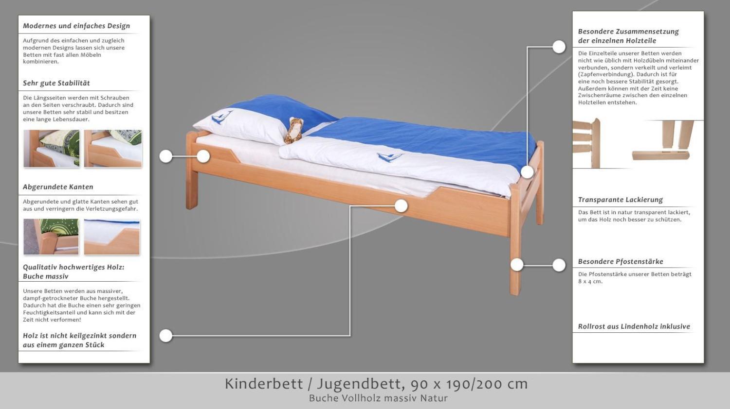 Jugendbett Easy Premium Line K1/1n, Buche Vollholz massiv Natur - Maße: 90 x 190 cm Bild 1