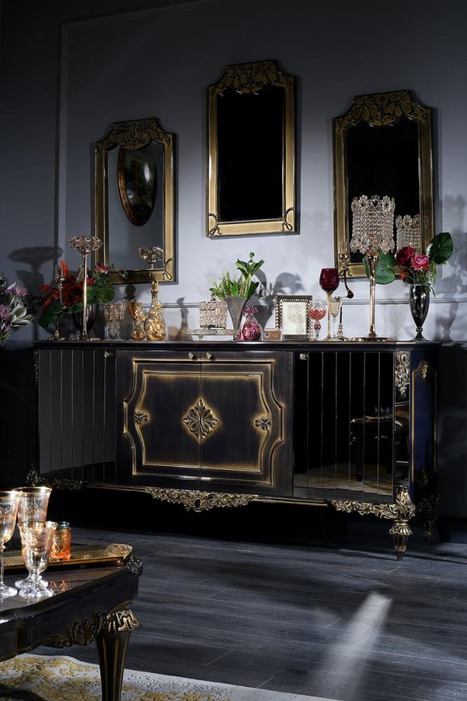 Casa Padrino Luxus Barock Wohnzimmer Set Blau / Gold / Schwarz - Sideboard und 3 Spiegel - Barockmöbel Bild 1