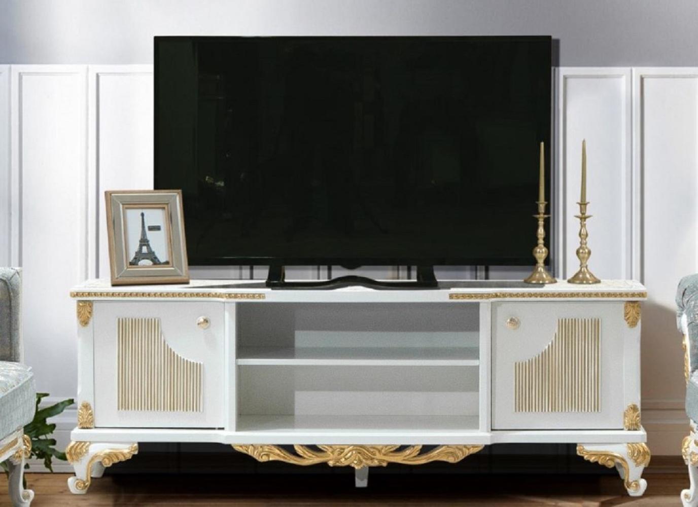 Casa Padrino Luxus Barock TV Schrank Weiß / Gold - Handgefertigtes Massivholz Sideboard mit 2 Türen - Barock Wohnzimmer Möbel Bild 1
