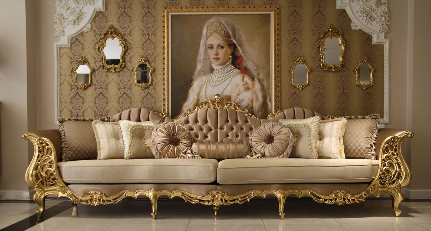 Casa Padrino Luxus Barock Wohnzimmer Sofa Braun / Creme / Gold 360 x 100 x H. 115 cm - Prunkvolles Sofa im Barockstil - Edle Barock Wohnzimmer Möbel Bild 1