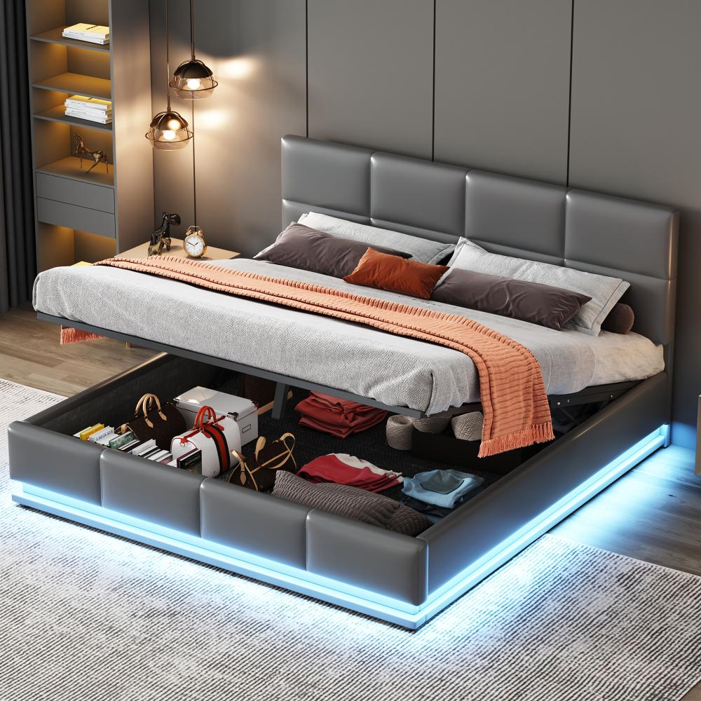 Merax Polsterbett 160 x 200 cm mit LED, Doppelbett mit höheverstellbarem Polsterkopfteil, Grau (ohne Matratze) Bild 1