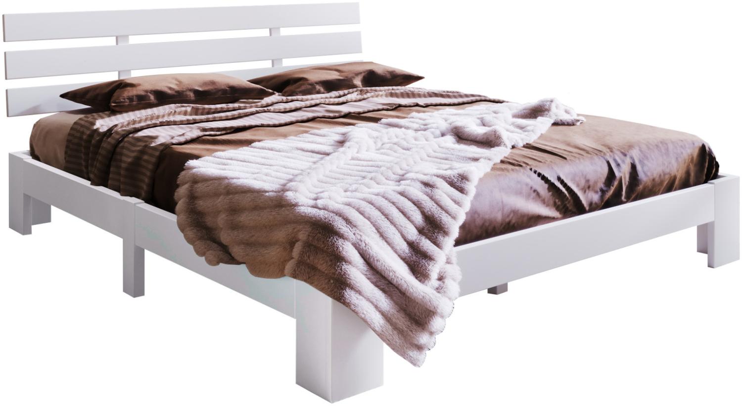 Merax Holzbett Doppelbett 140x200 aus Kiefernholz mit Lattenrost & Kopfteil für Schlafzimmer Weiß Bild 1