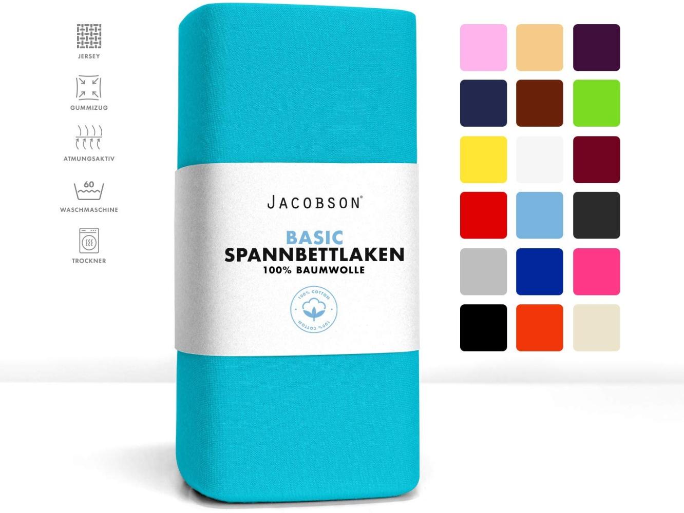 Jacobson Jersey Spannbettlaken Spannbetttuch Baumwolle Bettlaken (180x200-200x220 cm, Türkis) Bild 1