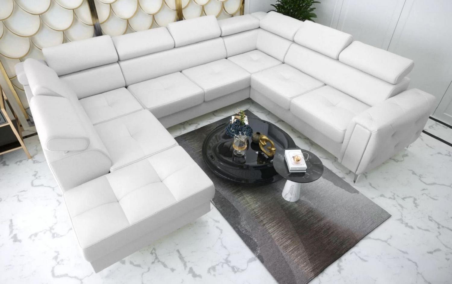 Casa Padrino Luxus Leder Wohnlandschaft Weiß / Silber 350 x 255 x H. 78-99 cm - Naturleder U-Form Sofa mit verstellbaren Kopfstützen - Wohnzimmer Möbel - Leder Möbel - Luxus Möbel Bild 1