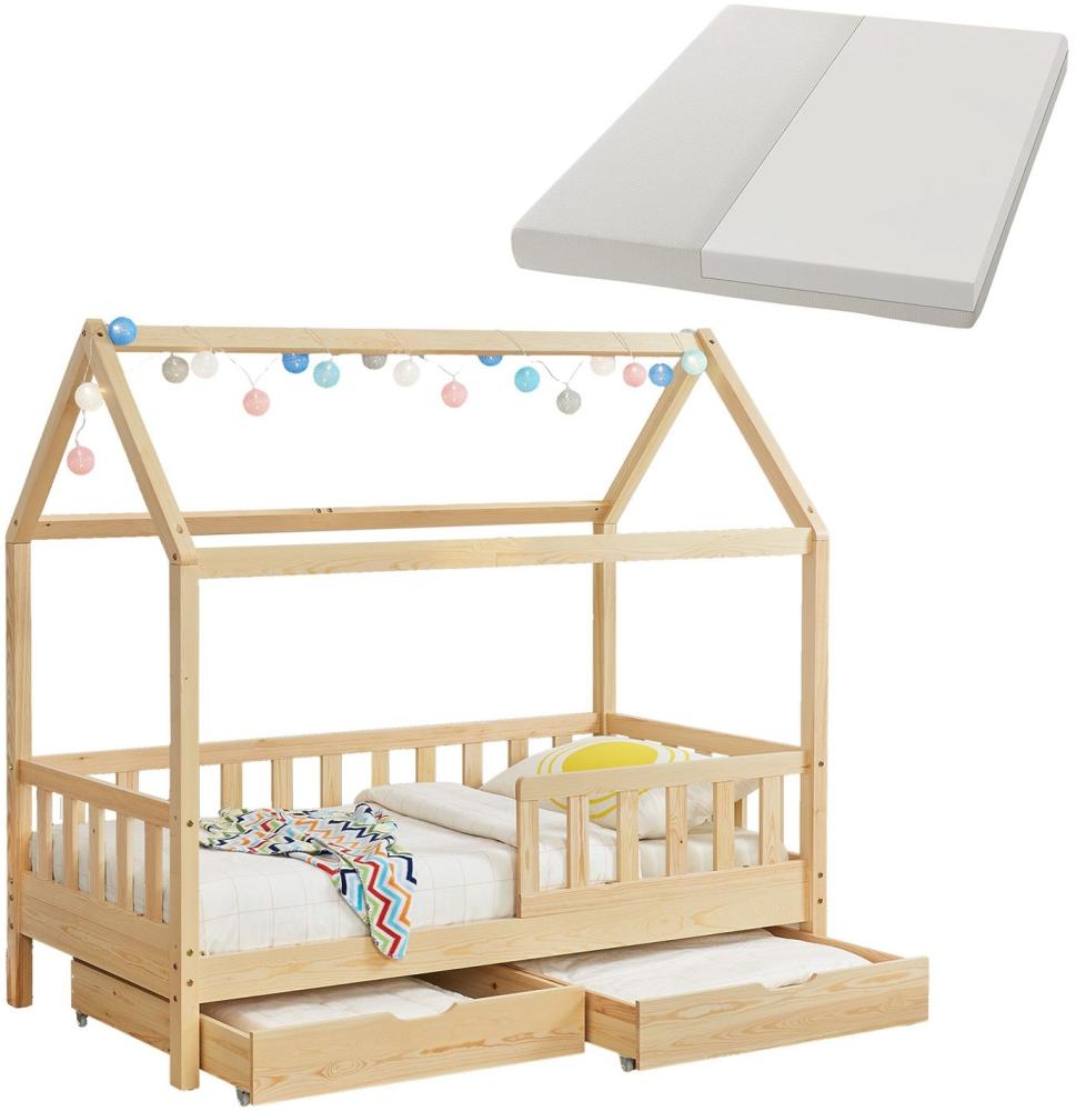 Juskys Kinderbett Marli 90 x 200 cm mit Matratze, Bettkasten, Rausfallschutz, Lattenrost & Dach - Massivholz Hausbett für Kinder - Bett in Natur Bild 1