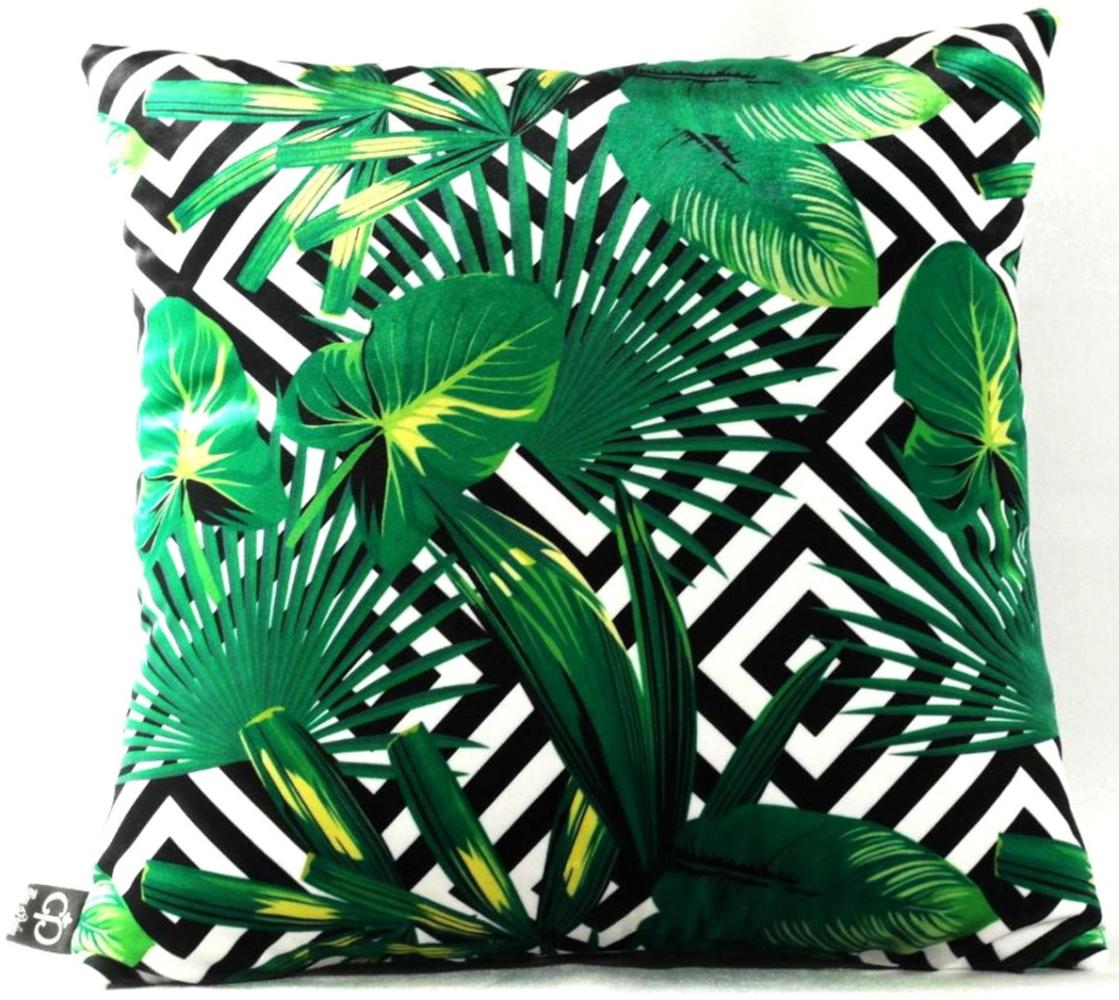 Casa Padrino Luxus Kissen Miami Palm Leaves Schwarz / Weiß / Grün 45 x 45 cm - Feinster Samtstoff - Deko Wohnzimmer Kissen Bild 1