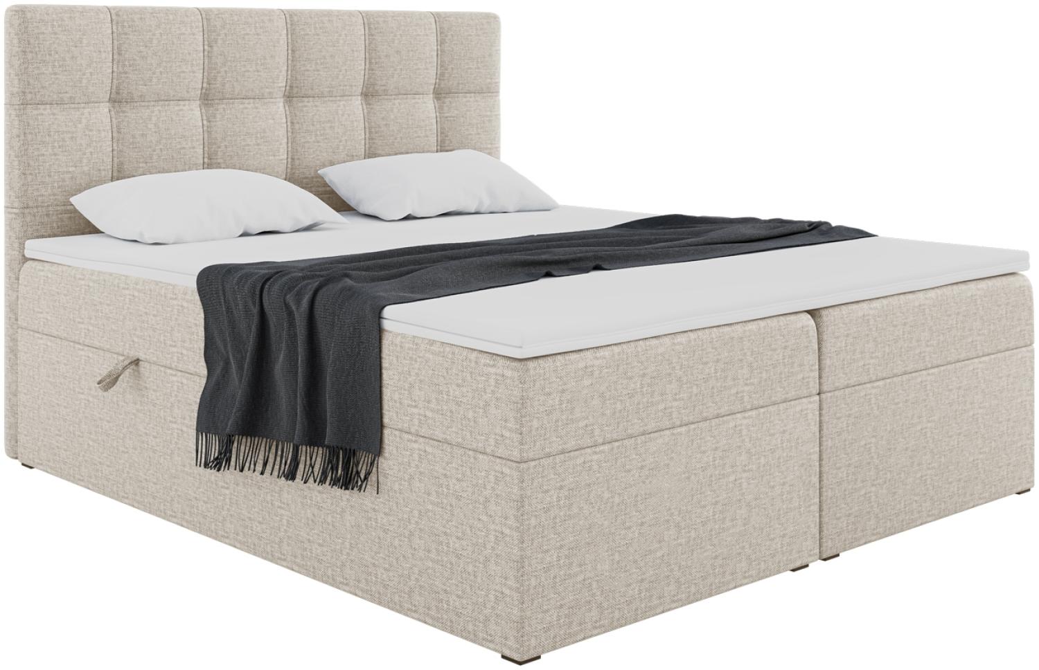 MEBLINI Boxspringbett NILS 160x200 cm mit Bettkasten - H3/Beige Webstoff Polsterbett - Doppelbett mit Topper & Bonellfederkern-Matratze Bild 1