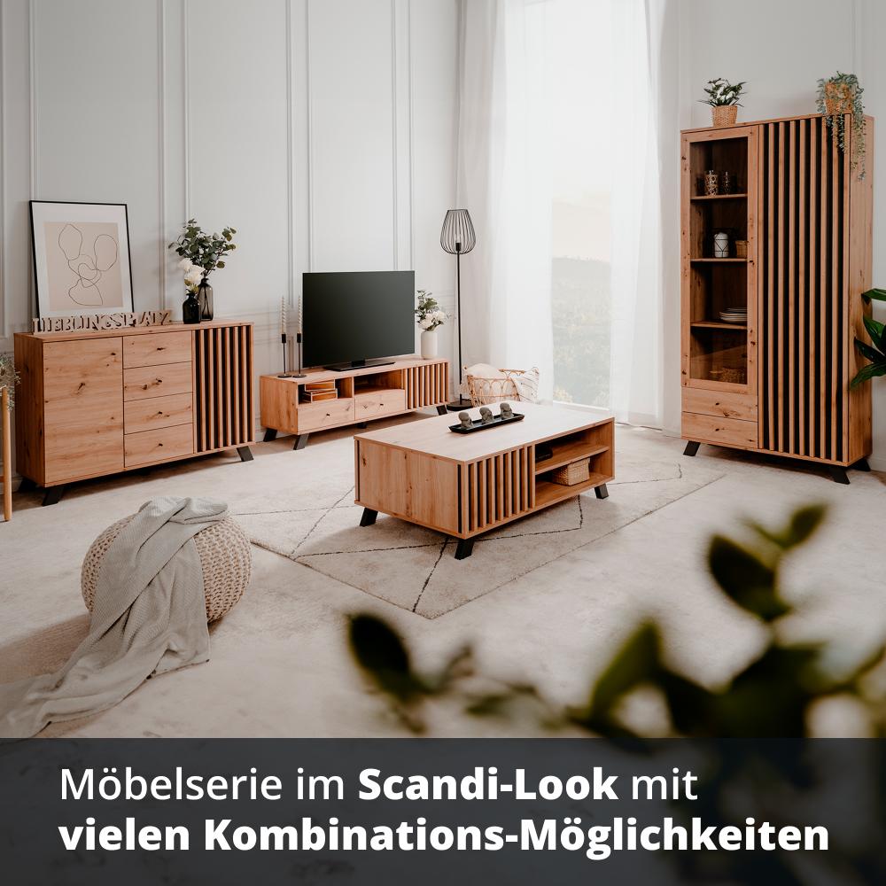 KHG Vitrine 2-türig inkl. Glastür & Schublade Scandi, Glasschrank aus Holzwerkstoff Eiche foliert für Wohnzimmer und Esszimmer, 92 x 199 x40 cm (B/H/T) Bild 1