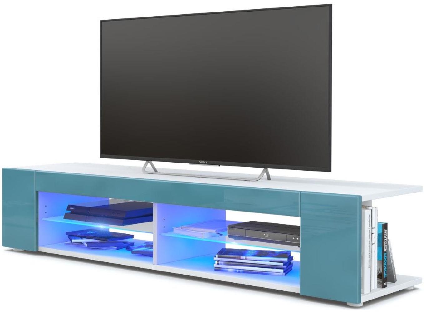 Vladon Lowboard Movie, TV-Kommode mit 4 offenen Fächern und Zierleisten, Weiß matt/Petrol Hochglanz, inkl. LED-Beleuchtung blau (134 x 29 x 39 cm) Bild 1