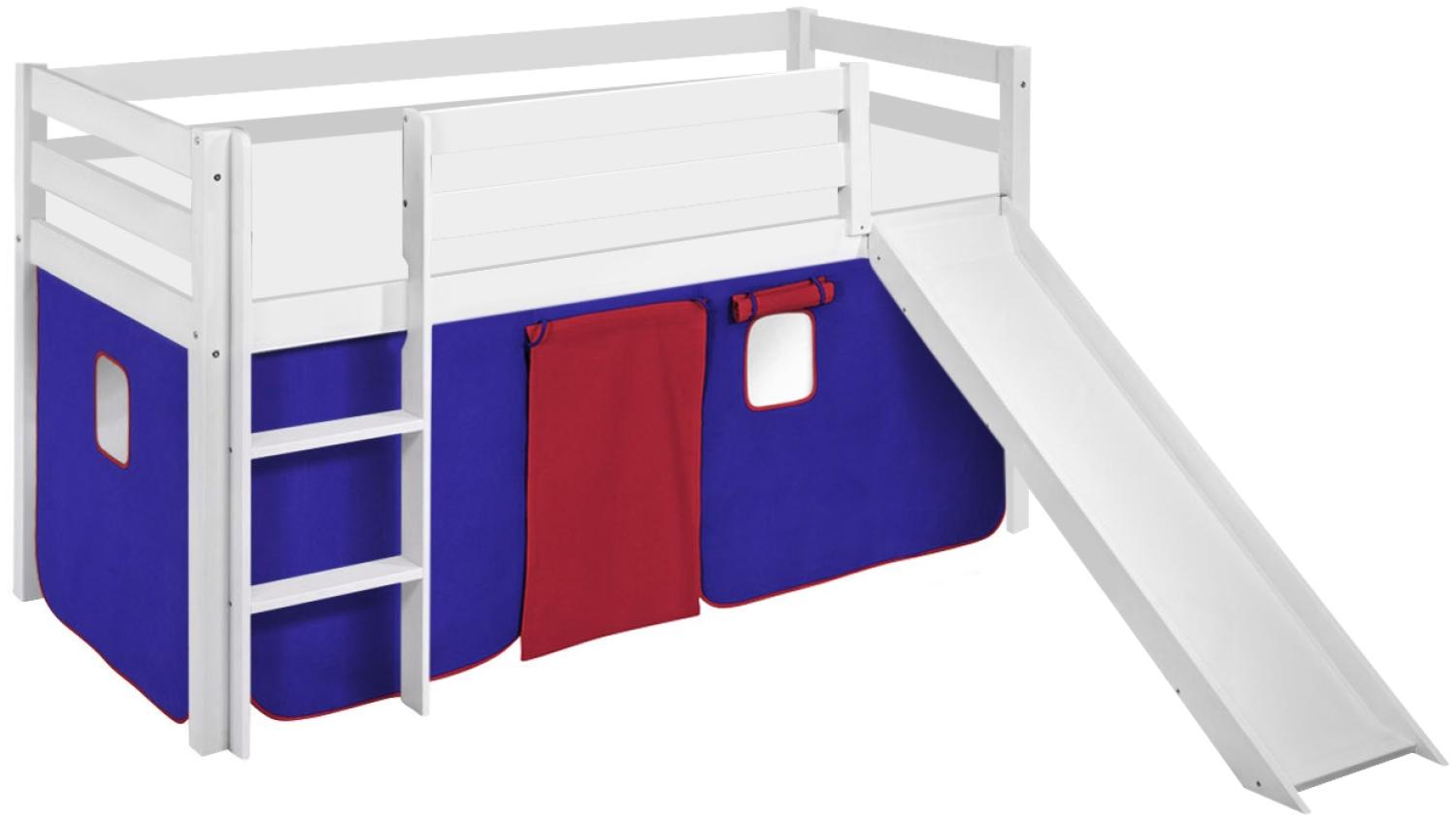 Lilokids 'Jelle' Spielbett 90 x 200 cm, Blau Rot, Kiefer massiv, mit Rutsche und Vorhang Bild 1